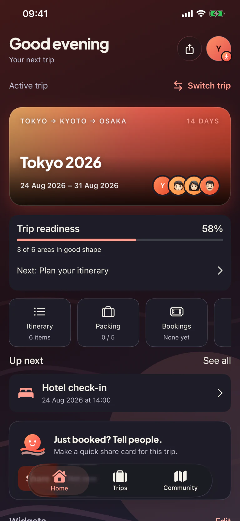 Tripcrafty app dashboard in dark appearance showing a Tokyo trip countdown, weather, flights and packing