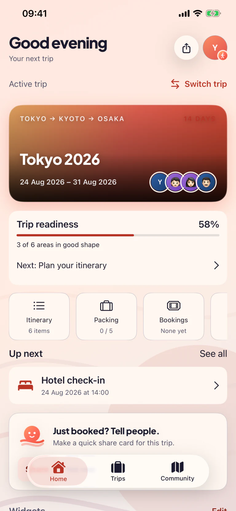 Tripcrafty app dashboard in light appearance showing a Tokyo trip countdown, weather, flights and packing
