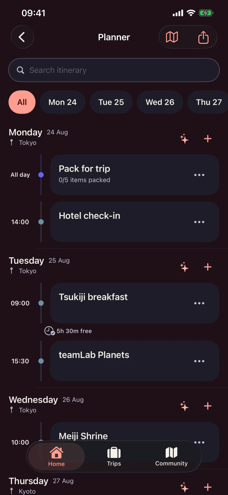 Tripcrafty day-by-day planner with bookings, travel and free-time gaps in dark appearance