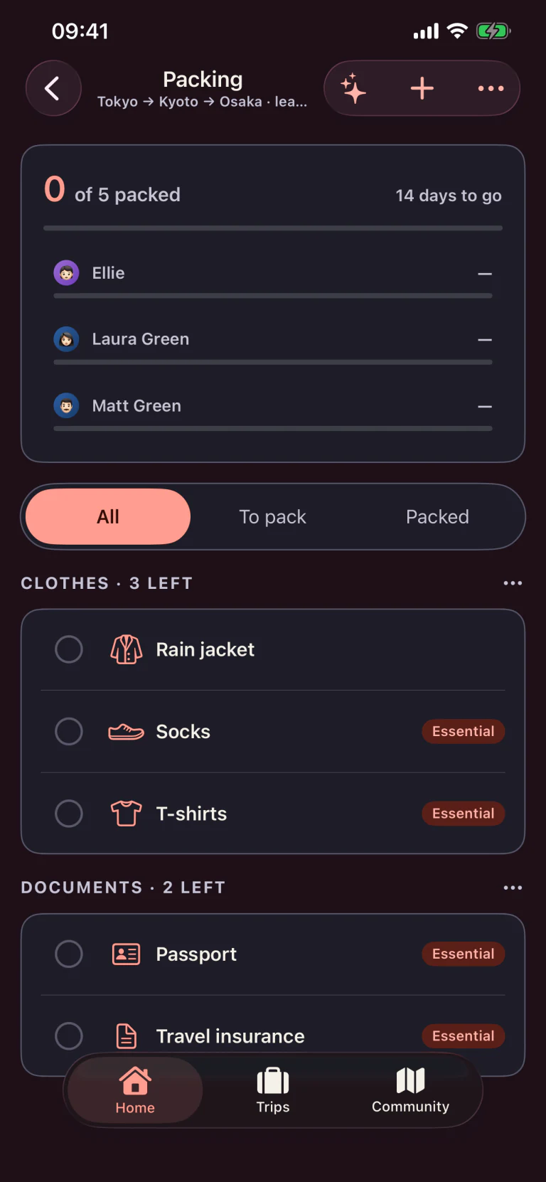 Tripcrafty shared packing list with family assignments and progress in dark appearance