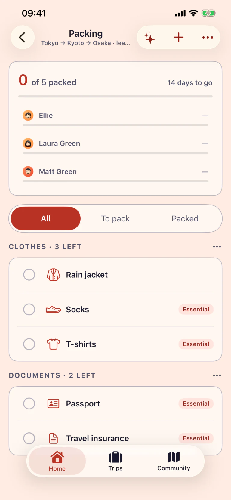 Tripcrafty shared packing list with family assignments and progress in light appearance