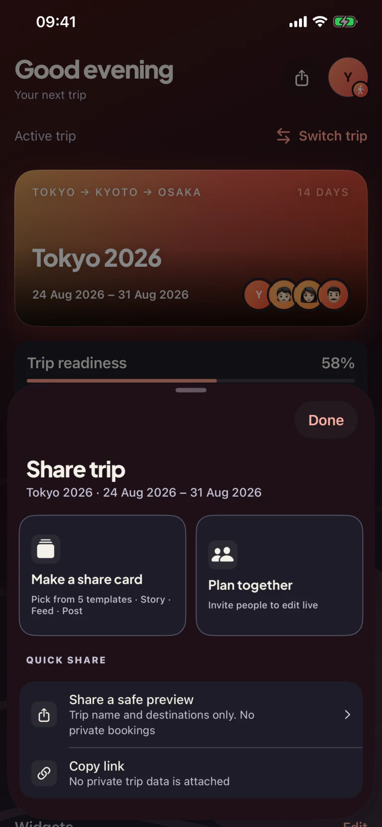 Tripcrafty sharing sheet with collaboration and privacy-safe sharing options in dark appearance