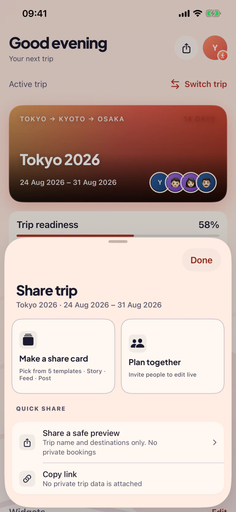 Trip sharing sheet with collaboration and privacy-safe sharing options in light appearance