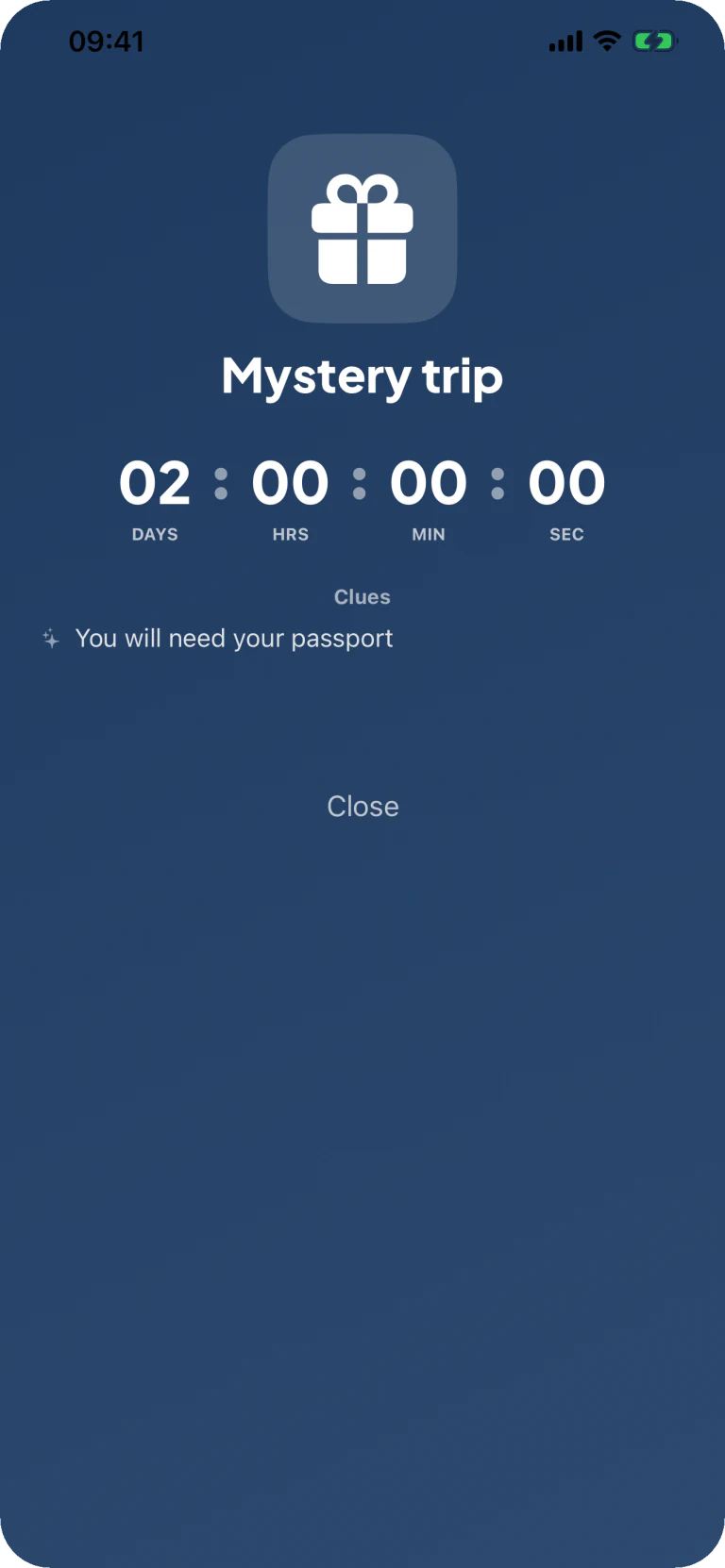 Tripcrafty mystery trip countdown showing a gift, two-day timer and passport clue