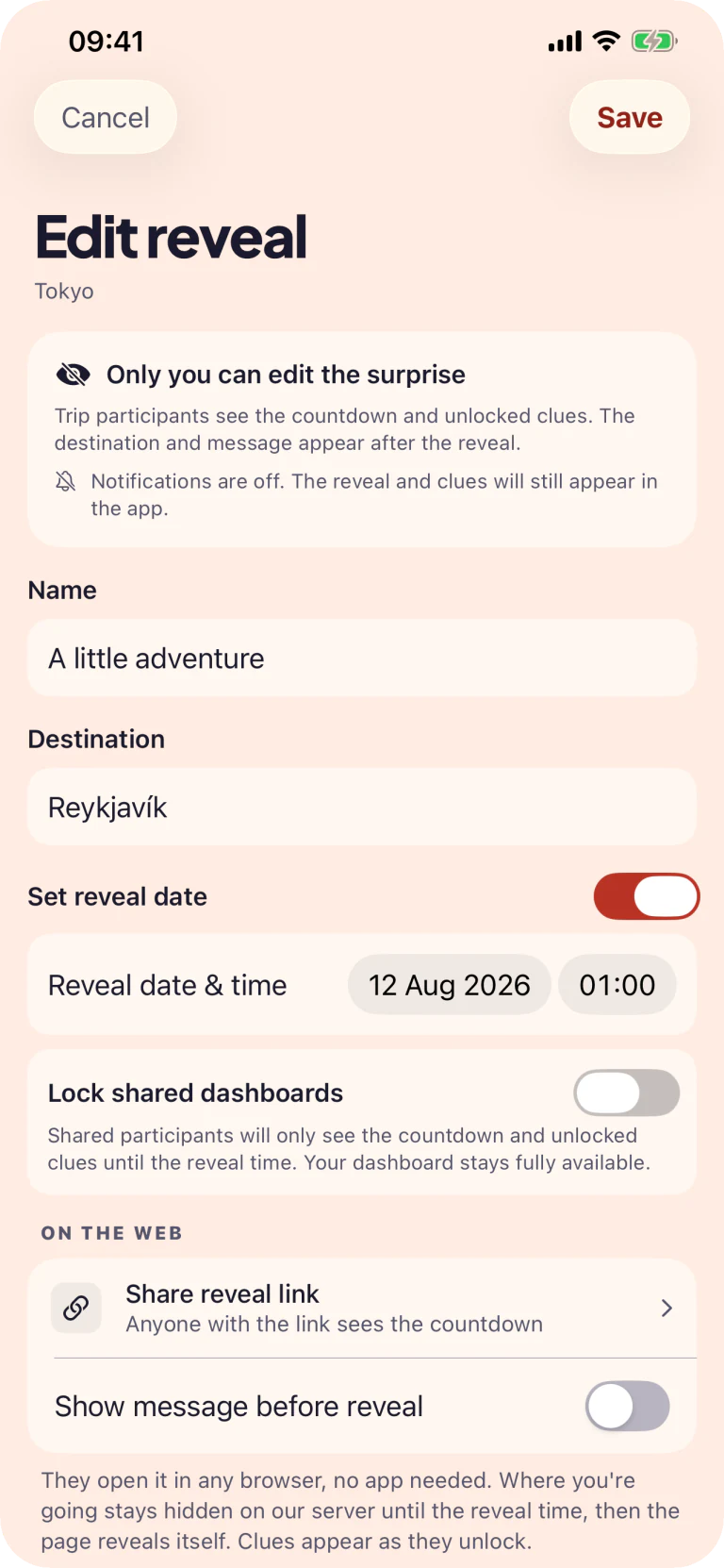 Tripcrafty Surprise Reveal editor with a private destination, reveal time and reveal style